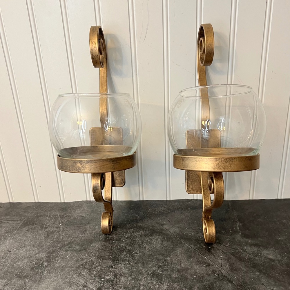Vintage Gold Toned Metal Wall Sconce Pair | Cottage